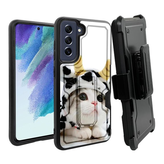 ANJ  Rugged Dual Layer Shockproof Holster Case w/Card Slot   Tempered Glass Cover for Samsung Galaxy S21 FE 5G - Kitten in Cow Costum