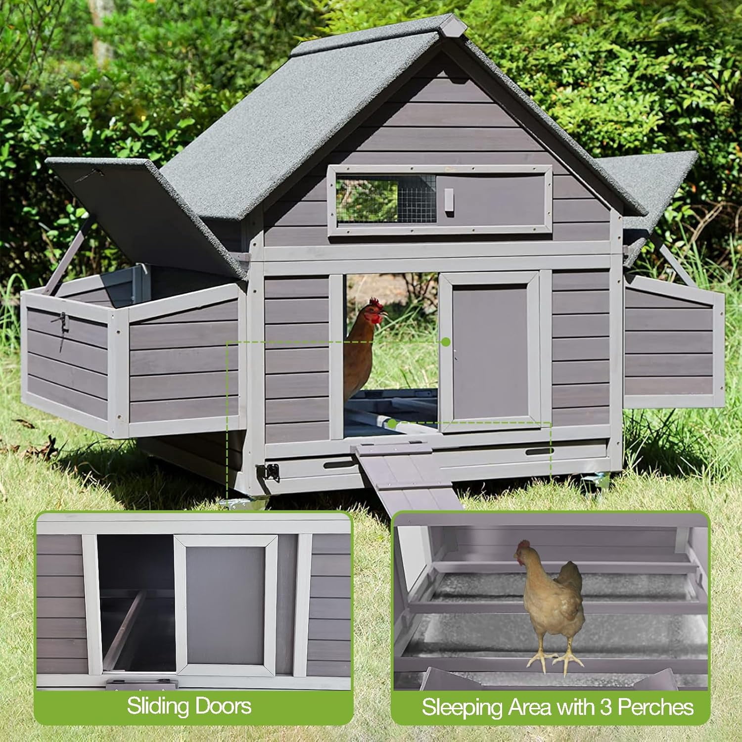 Aivituvin Large Chicken Coop with Wheels 6 Nesting Box Outdoor Mobile Hen House Wooden Poultry Cage Waterproof Asphalt Roof for 4-6 Chickens Gray