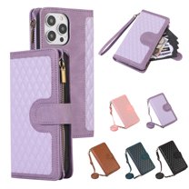 ELEHOLD Wallet Case for iPhone 14 Pro 6.1",Premium Leather Argyle Pattern 9 Card Slots Zipper Pocket Kickstand Crossbody Shoulder Strap Wriststrap Luxury Purse Case for iPhone 14 Pro,Purple