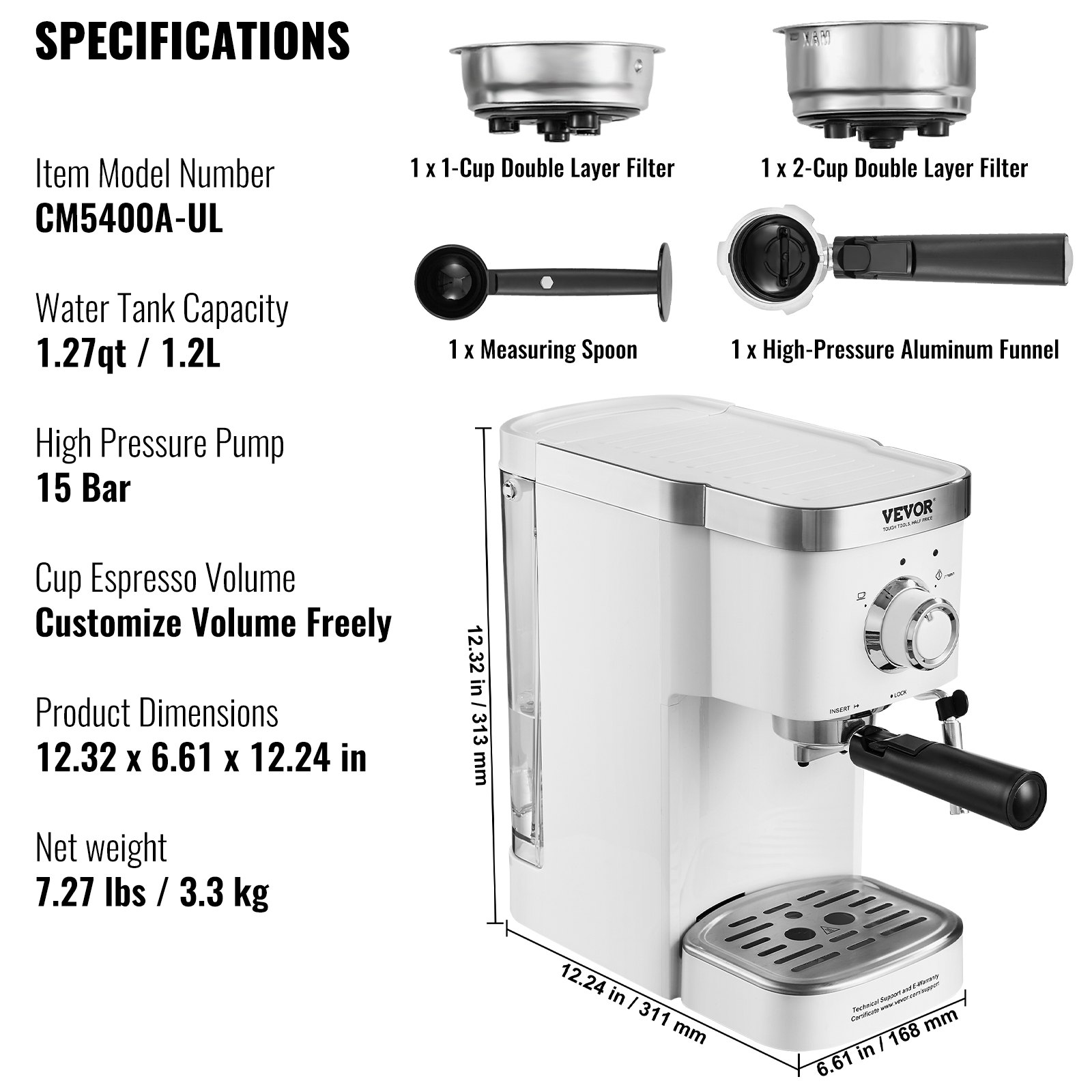 VEVOR Semi-Automatic Espresso Machine, 15Bar Espresso Maker with Milk Frother, High-Power Boiler, Removable Water Tank, and NTC Control System for Professional Cappuccino and Latte