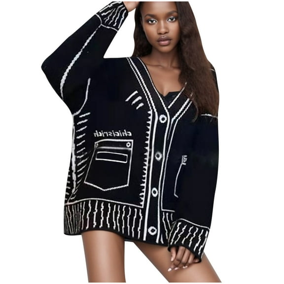 Mhoxuto Cardigan Sweaters for Women Casual Long Sleeve Graffiti Print Jacket Tops Oversized Open Front Button Down Knit Sweater