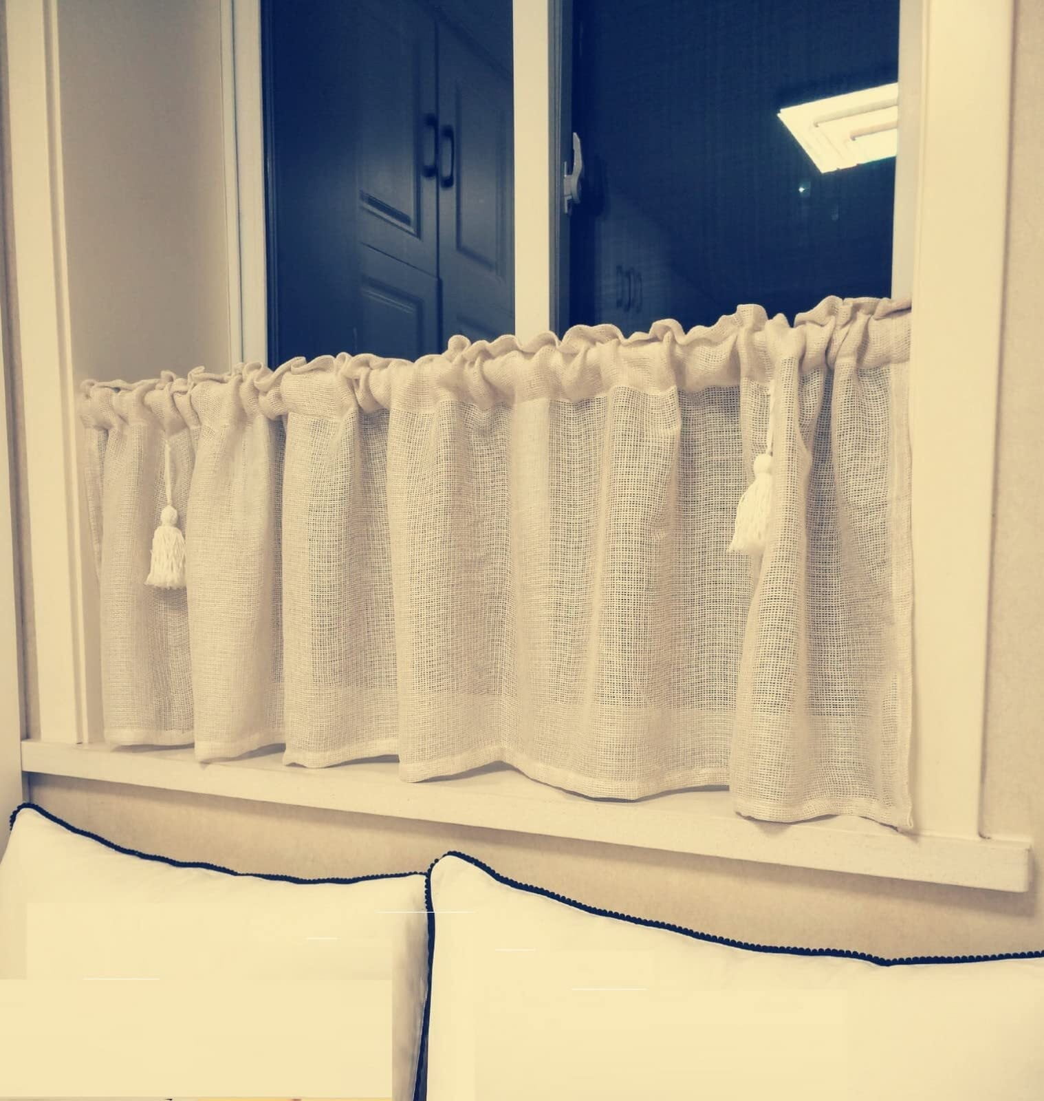 Kitchen Under Sink Solid Beige Linen Cotton Semi-Transparent Half Short Curtain for Small Window Door With Tassels, Rod Pocket