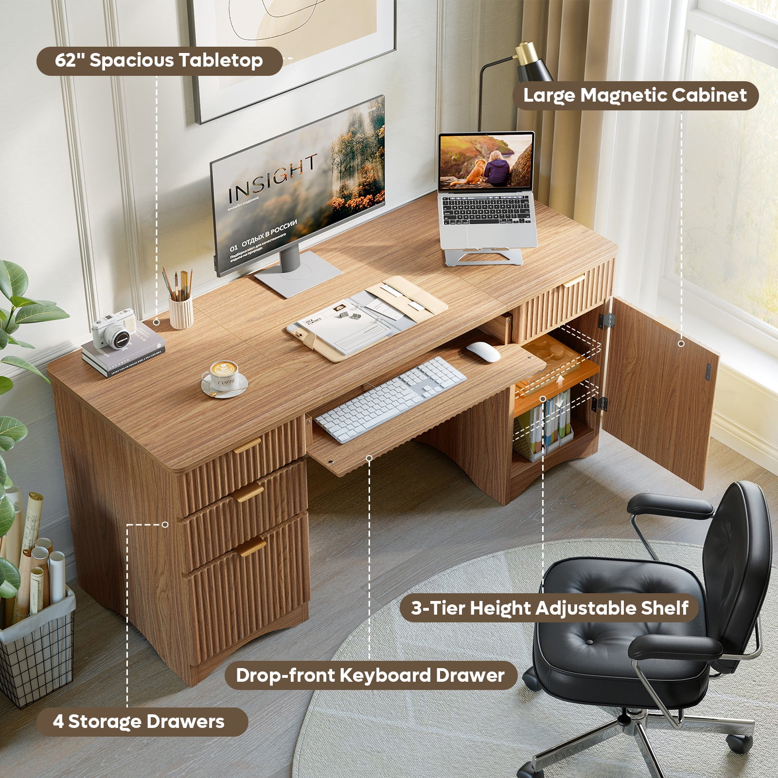 Bestier 63" Executive Desk with Keyboard Tray, Modern Home Office Desk with 4 Drawers & 1 Large Cabinet, Fluted Computer Writing Desk for Study, Living Room, Bedroom, Brown