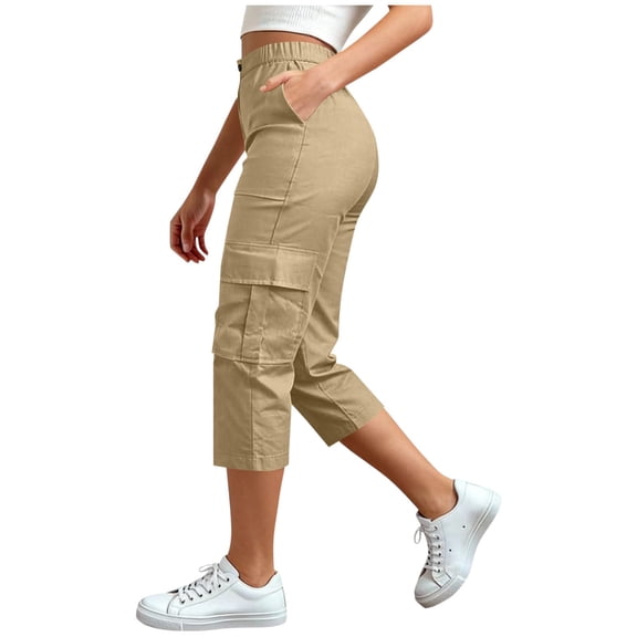 Cargo Capris for Women Lightweight Summer Casual Solid Cargo Pant Straight Leg with Pocket Outdoor Work Pants Khaki M