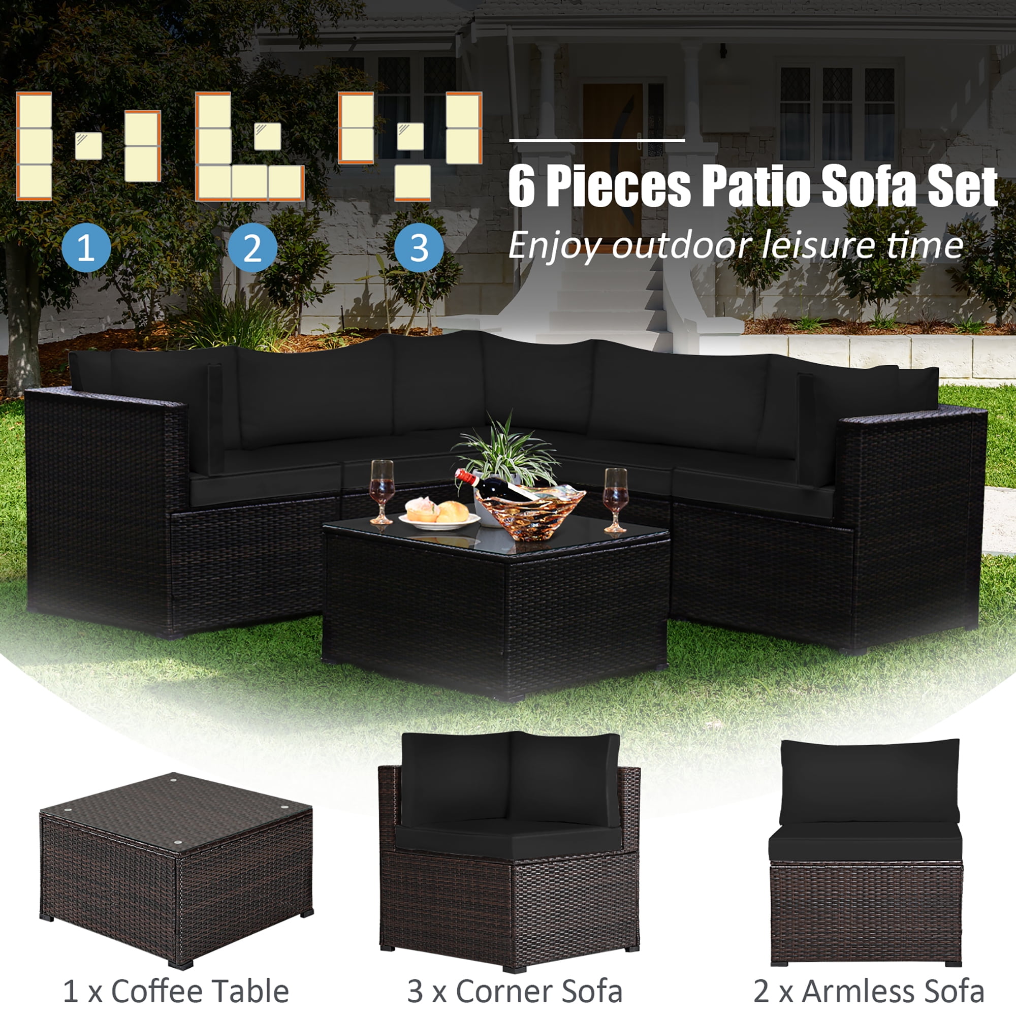 Costway  6PCS Patio Rattan Furniture Set Sectional Cushioned Sofa Deck Black