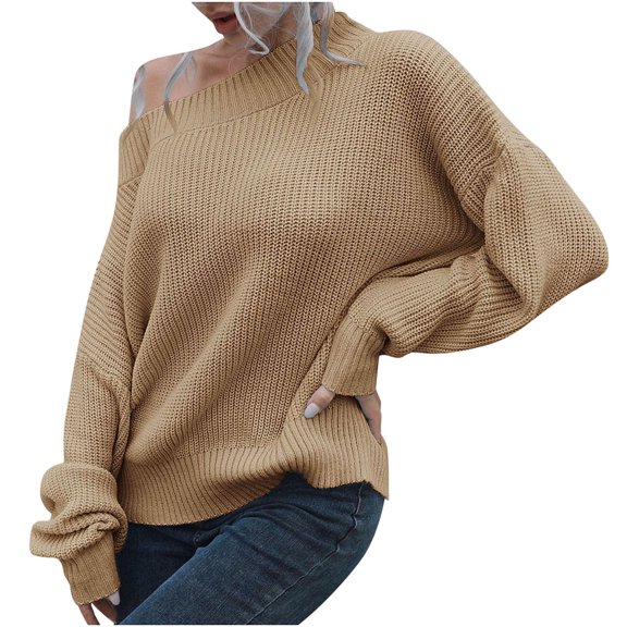 Womens Fall Fashion 2022! QLEICOM Sweaters for Women, Women's Off-the-shoulder Sweater Women's Loose Autumn And Winter Long-sleeved Sweater On Clearance