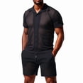 thumbnail image 2 of Men Mesh 2 Piece Outfits See Through Casual Shirts and Shorts Hollow Out Mid Shorts Set Black XXL, 2 of 8