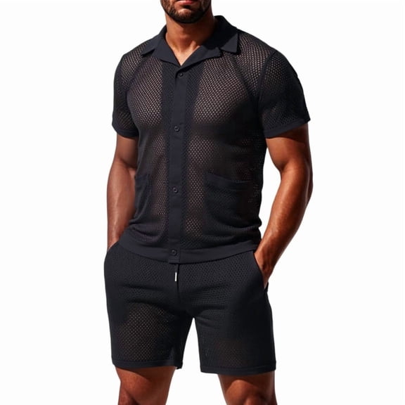 Men's Mesh See Through Shirts Hollow Out Mid Set 2 Piece Shirt Shorts Outfit for Casual Black S