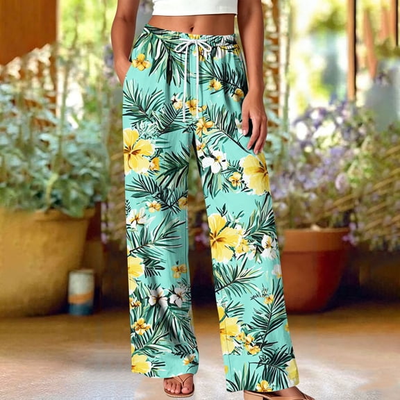 Utoimkio Drawstring Waist Tie-Dye Wide Leg Pants for Women Casual Summer Beach Trousers with Pockets