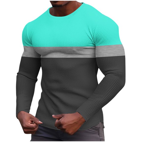 VSSSJ Waffle Shirts for Men Crew Neck Striped Color Block Long Sleeve Thermal Casual Pullover Underwear Stretch Textured Knit Tops Mint Green S