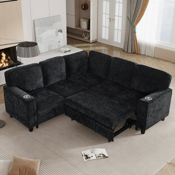 Modular Sectional Sleeper Sofa with Pull Out Bed, Chenille L Shaped Couch with USB Charging, Cup Holders and Storage Seat, 5 Seat Convertible Sectional Couches for Living Room, Black