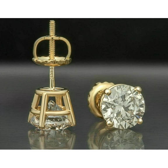 Solitaire Stud Earrings 2CT Round Cut Lab-Created Diamond 14k Yellow Gold Plated