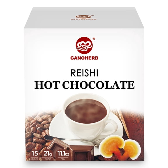 Ganoherb Mushroom Hot Chocolate, Mushroom Coffee Alternative, Hot Cacao Powder, 15 Servings, 11.1 oz