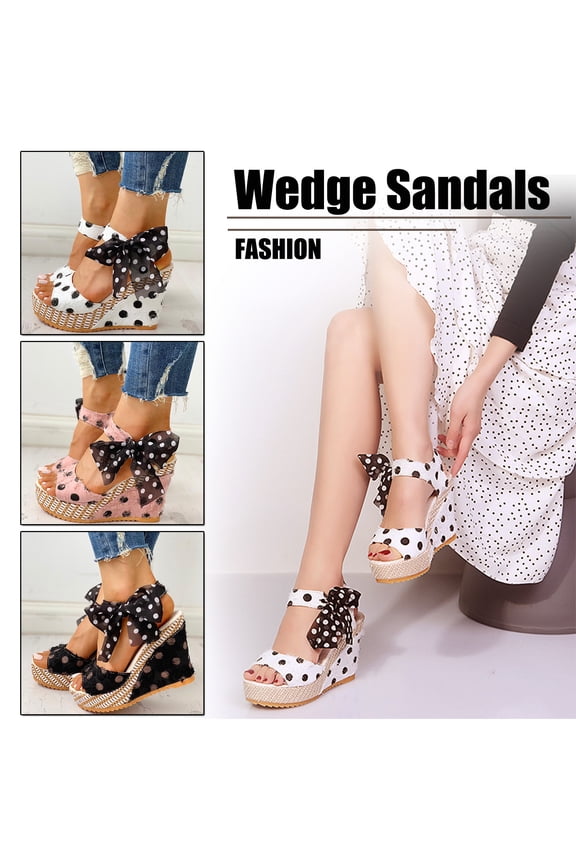Women's Polka Dot Wedge Heel Sandals, Peep Toe Espadrille Shoes with Bow Tie, Summer Platform Sandals White 39