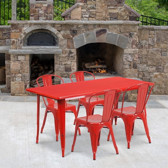Bowery Hill 5 Piece Metal Dining Set in Red
