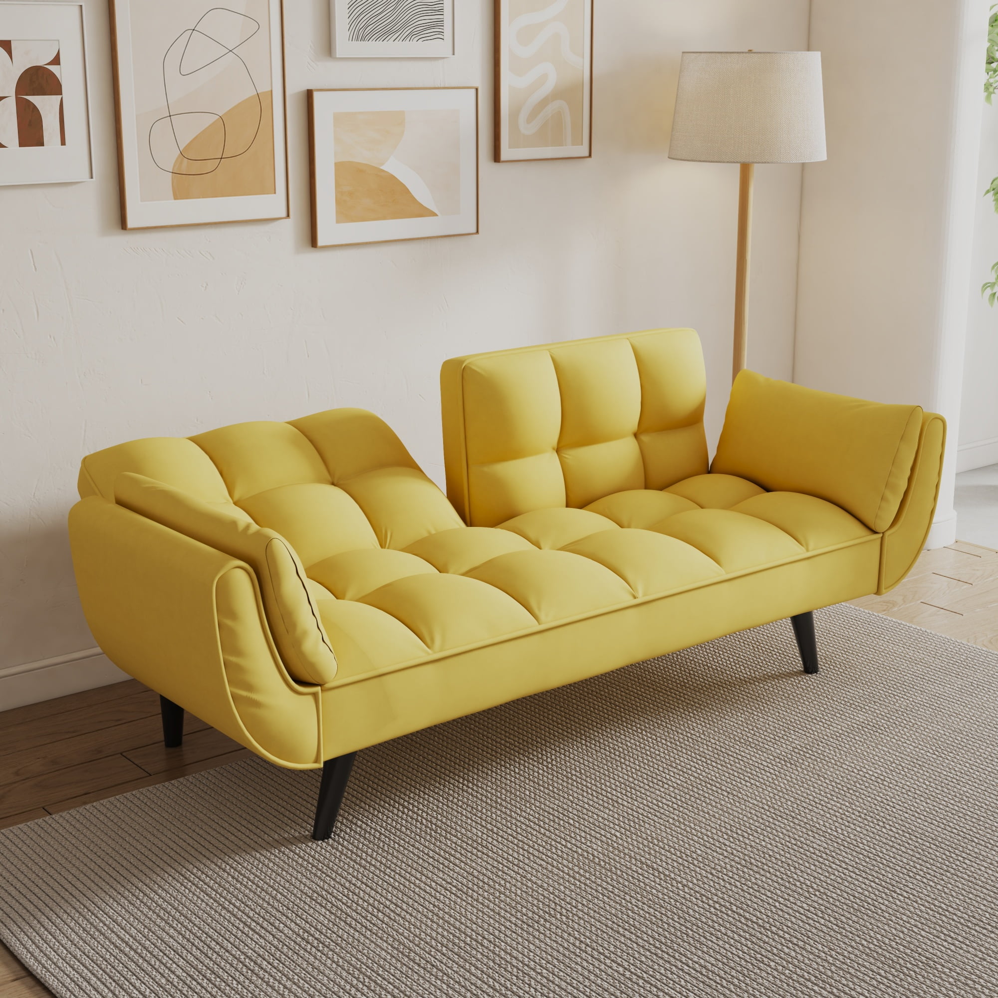 Leumius 74" Modern Loveseat Sofa for Living Room,Velvet Futon sofa bed with Adjustable Back & with 2 Throw Pillow for Bedroom,Small Spaces,Yellow