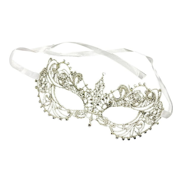 Máscara de encaje, máscara para mujer, elegante máscara suave de media cara, máscara de ojos de encaje, máscara de mascarada Correa de cinta plateada.