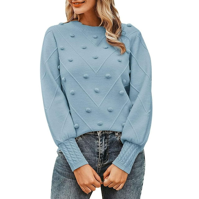 Women's Fall Crew Neck Pullover Sweater Cute Long Puff Sleeve Chunky Knit Sweater Pompom Top