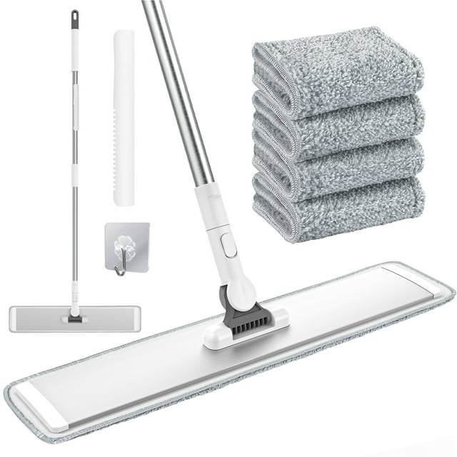 CshidWorld Trapeador para Polvo Seco y Húmedo, Trapeador de Microfibra con 4 Almohadillas Lavables y Gancho para Pared, Mango Ajustable de 55" para Limpieza de Pisos de Madera, Baldosas y Mármol (Bla