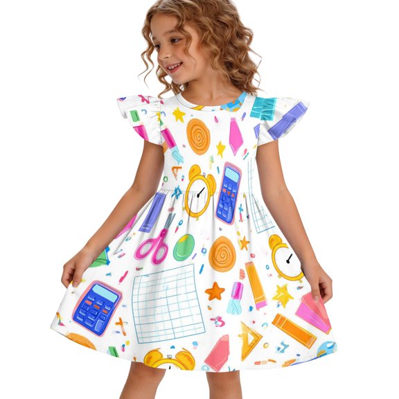 Grblisyd Back to School Clothes Girls' Dresses Cute Pencil Print Flutter Sleeve A Line Dress Summer First Day of School Outfits 2-8Y