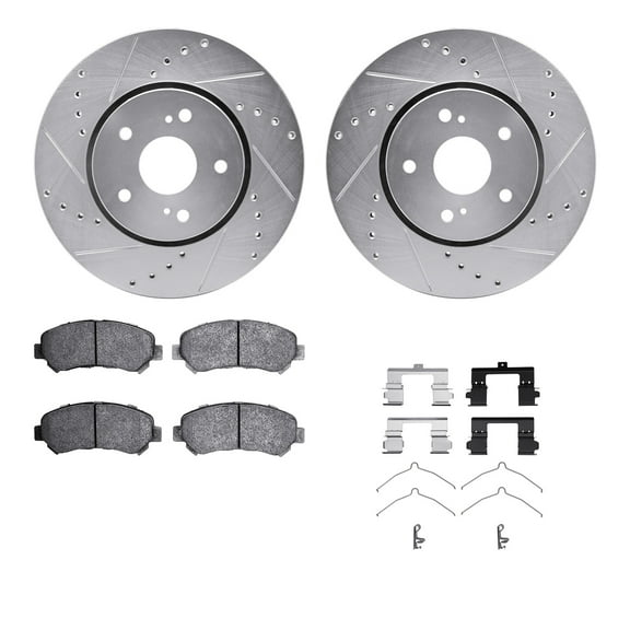 Dynamic Friction Company Front Brake Rotors-Drilled and Slotted-Silver with 5000 Advanced Brake Pads includes Hardware 7512-01007