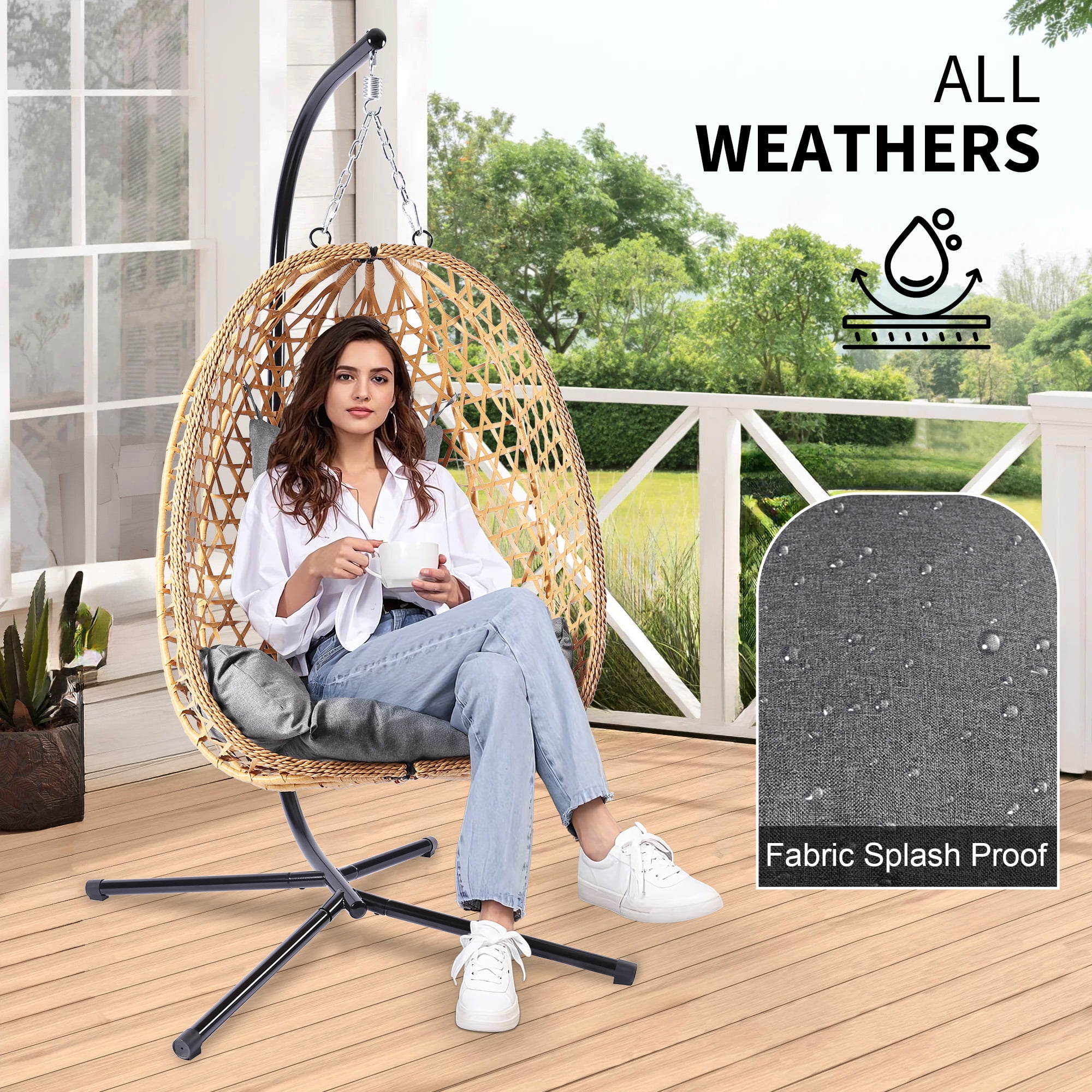 Egg Chair with Stand, Patio Wicker LHBcraft Hanging Chair, Hammock Swing Chair, 350LBS Capacity for Bedroom, Balcony, Garden