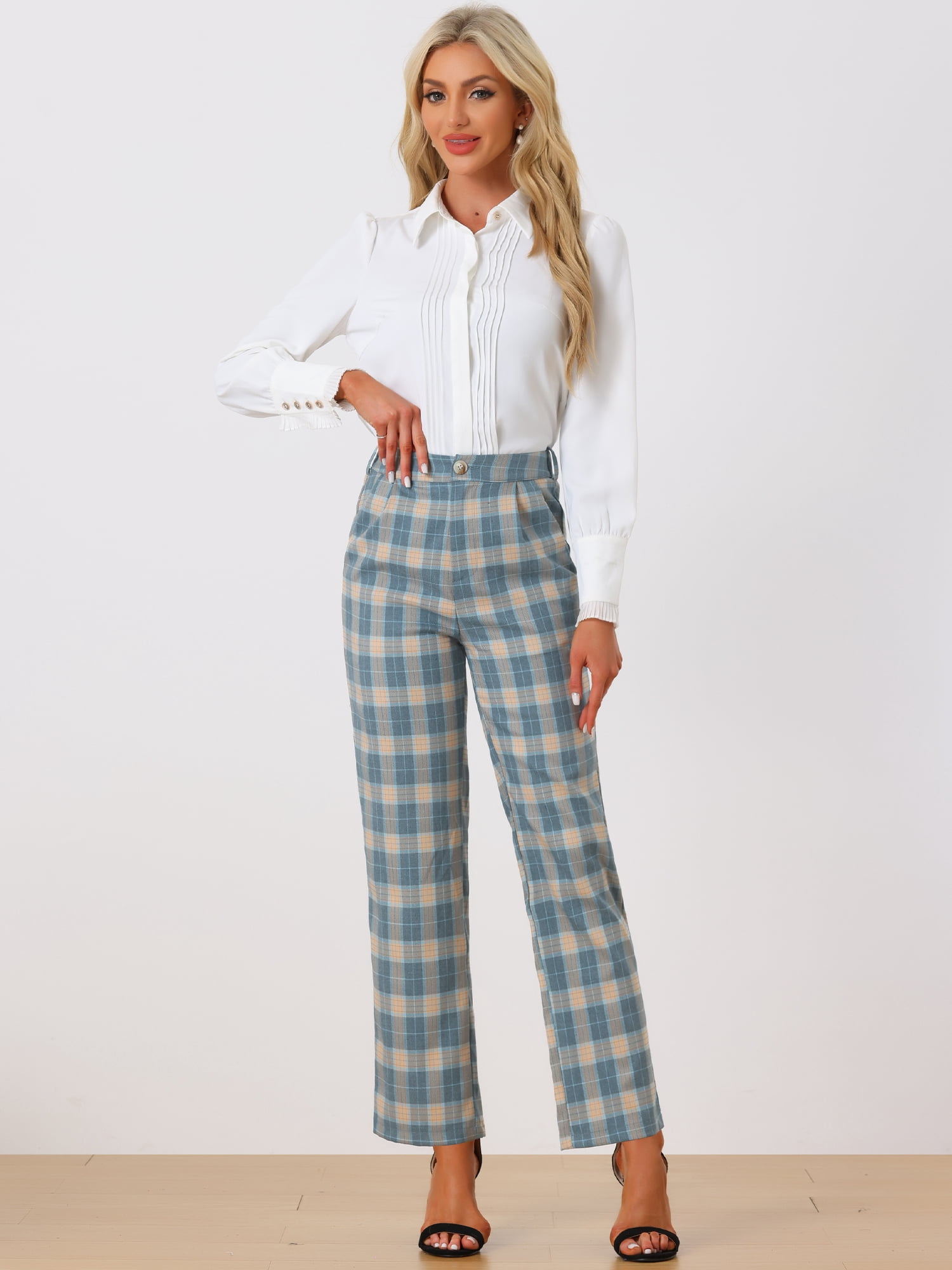 DARING DIVA Women's Plaid Trousers Pockets Straight Leg Casual Pant M Khaki Gray Blue