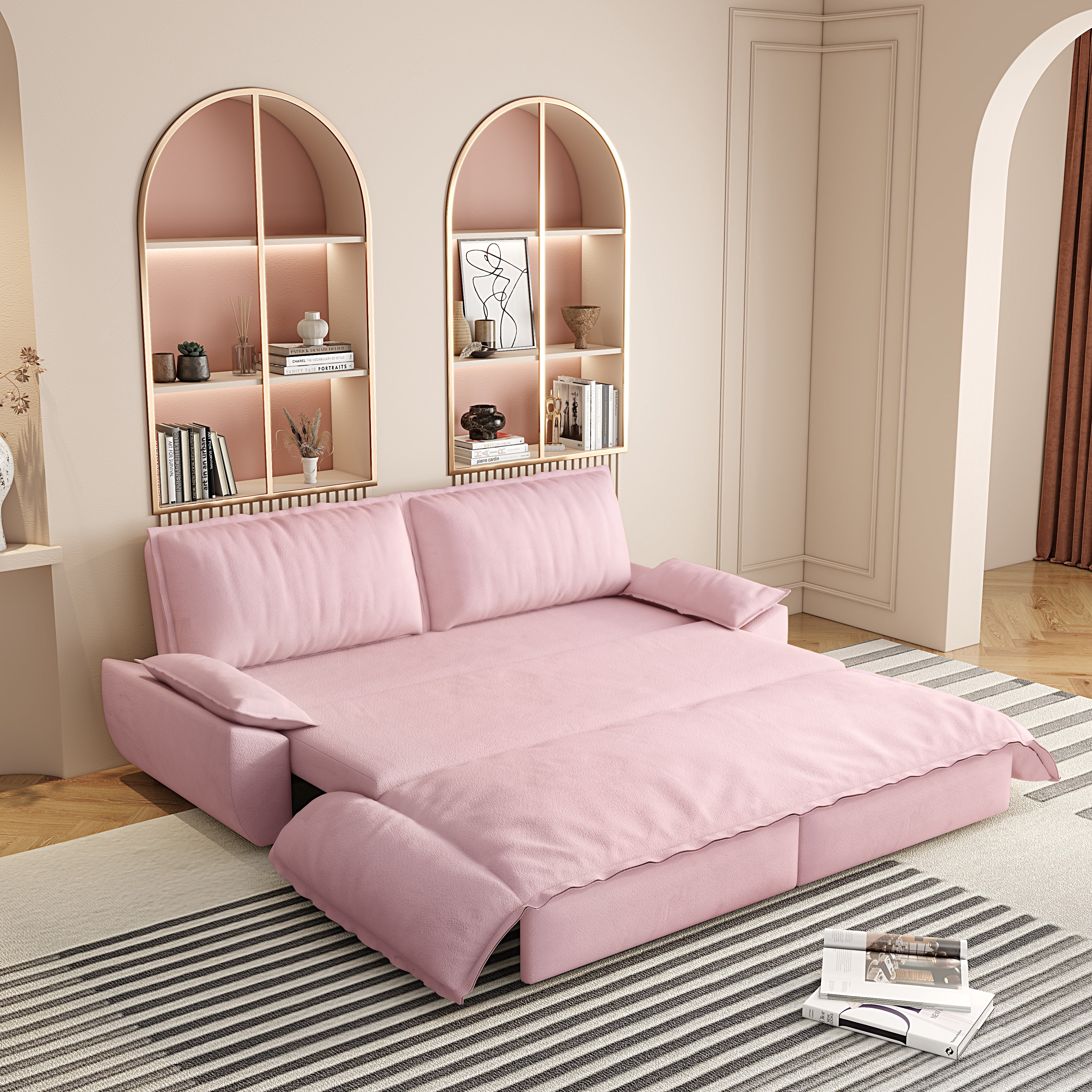 73.2-inch Queen Pull Out Sofa Bed, 3-in-1 Convertible Sleeper Sofa with Velvet Upholstery, Multi-Functional Loveseat Bed for Living Room and Guest Room, Pink