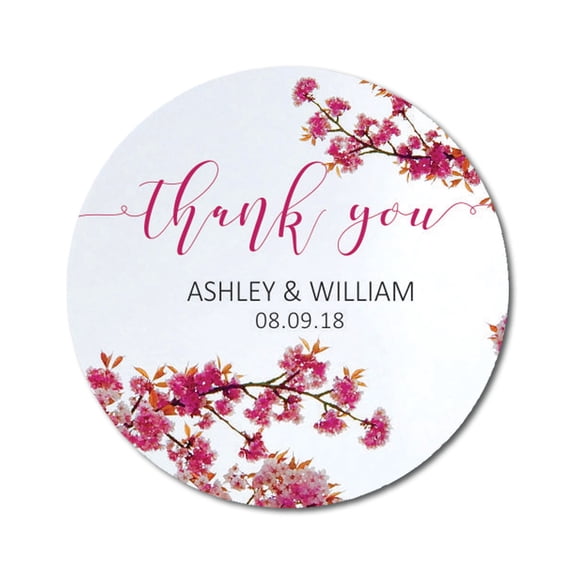 Darling Souvenir Round Cherry Blossom Thank You Stickers Personalized Bride Groom Names And Date Envelope Seals-45 Pcs