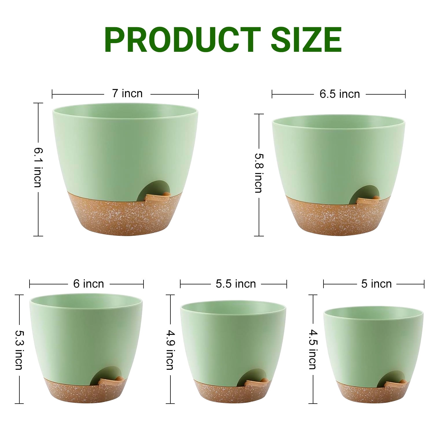 FOUKUS Set of 5 Self-Watering Plant Pots with Drainage – Eco-Friendly Plastic Planters for Indoor & Outdoor Use – Pots for Succulents, Cactus, Snake Plants (7", 6.5", 6", 5.5", 5") – Green