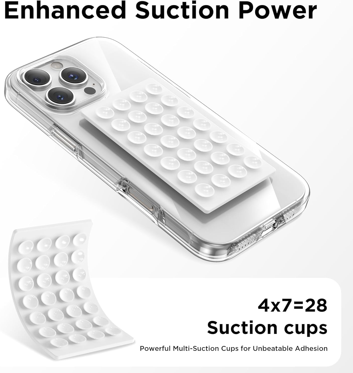 MKEUDQ-2 Pack Silicone Suction Cup Phone Case Mount Double-Sided, Hands-Free Strong Grip Holder for iPhone and Android, Sticky Phone Stand for Selfies and Videos, White+Transparent