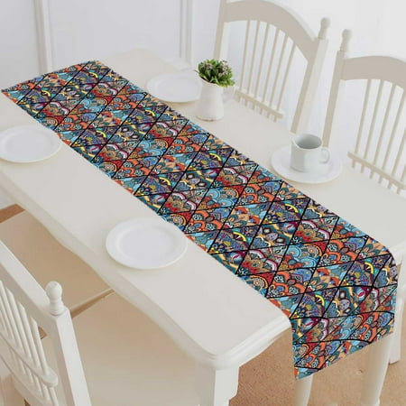 

PKQWTM Flower Mandala Rhombus Colorful Blue Tile Intricate Floral Cotton and Linen Table Runner Kitchen Dining Room Supplies Size 16x72 Inch