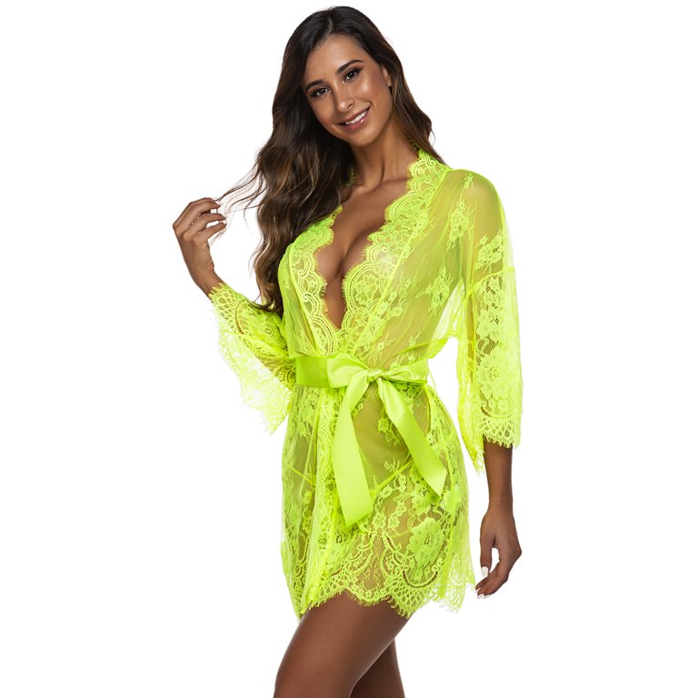 Avidlove Sexy Lace Lingerie Robe Kimono Babydoll Wedding Lingerie Mesh  Nightgown for Women 