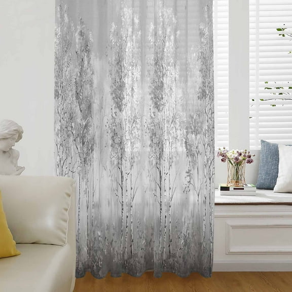 Grey Vintage Semi Sheer Curtains Drapes for Living Room, Bedroom, French Doors Window 45 Inches Long, Modern Abstract Art Oil Paiting Rod Pocket Chiffon Curtain Drapery Voile Draperies Panel