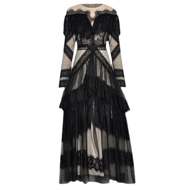 AELESEEN Runway Fashion Lace Dress 2023 Designer New Spring Patchwork Mesh Elegant Ruffles Long Party DressL Gao Jinjia LED
