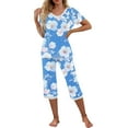 thumbnail image 4 of snilers Halloween Pajamas Women Fashion Casual Floral Print Lounge Set Short Sleeve V Neck T Shirts and Capri Pants Matching Pjs Loungewear Set, 4 of 9
