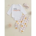 thumbnail image 4 of Baby Toddler Girls Halloween Clothing Set 0 3 6 12 18 Months Letter Print Long Sleeve Romper Pumpkin Print Long Pants Hair Band Outfits, 4 of 9