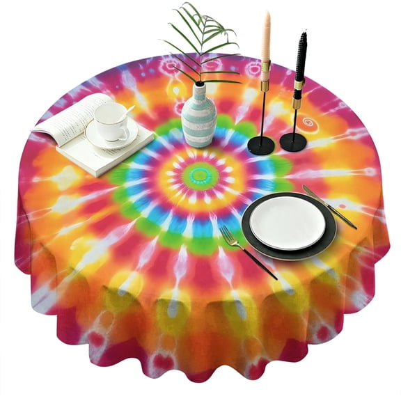Colorful Tie Dye Spiral Mandala Round Tablecloth 60"x60",Wrinkle Wipeable Table Cloth for Kitchen Dining Room Picnic Patio Party