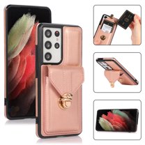 Back Wallet Case for Samsung Galaxy S23 Ultra, Fashionable Metal Anti-Theft Buckle Card Slot Pocket Luxury PU Leather Cover with Shoulder Strap Lanyard Crossbody Kickstand Shockproof Case,Rosegold