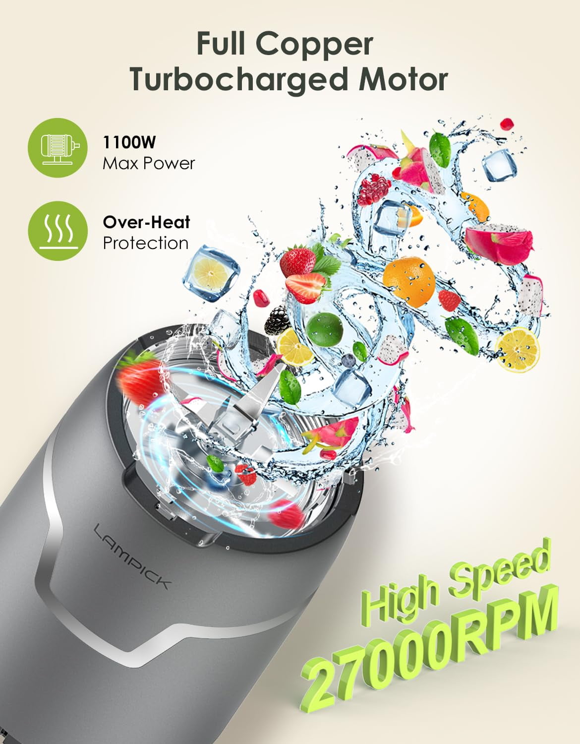 Personal Smoothie Blender, Blenders and Grinder Combo for Kitchen with 2 * 22 Oz To-Go Cup and Lid for Protein Shake, Baby Food, Frozen Drink