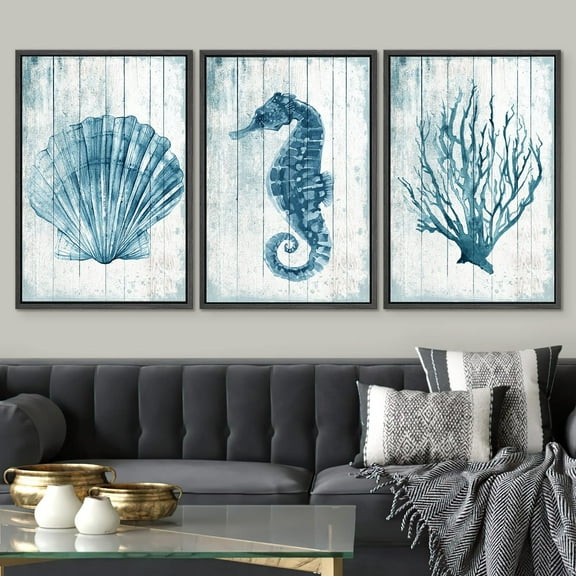 PixonSign Framed Wall Art Set Blue Seahorse and Seashell with Coral Watercolor Modern Art Rustic Relax/Calm Warm Pastel Canvas Print for Living Room, Bedroom, Office - 16"x24"x3 Black