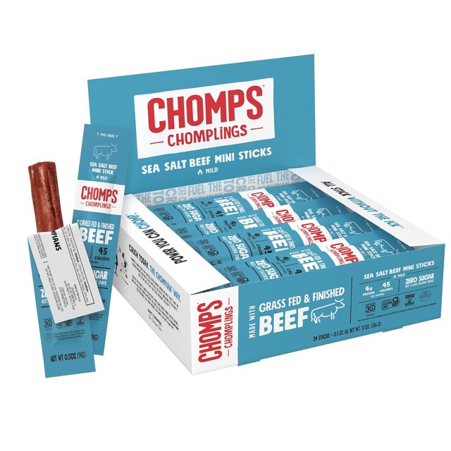 Snack Size Grass-Fed and Finished Smoky BBQ Beef Jerky Snack Sticks 0.5oz 24-Pack - Keto, Paleo, Whole30, 4g Lean Meat Protein, Gluten-Free, Zero Sugar Food, Non-GMO Chomplings