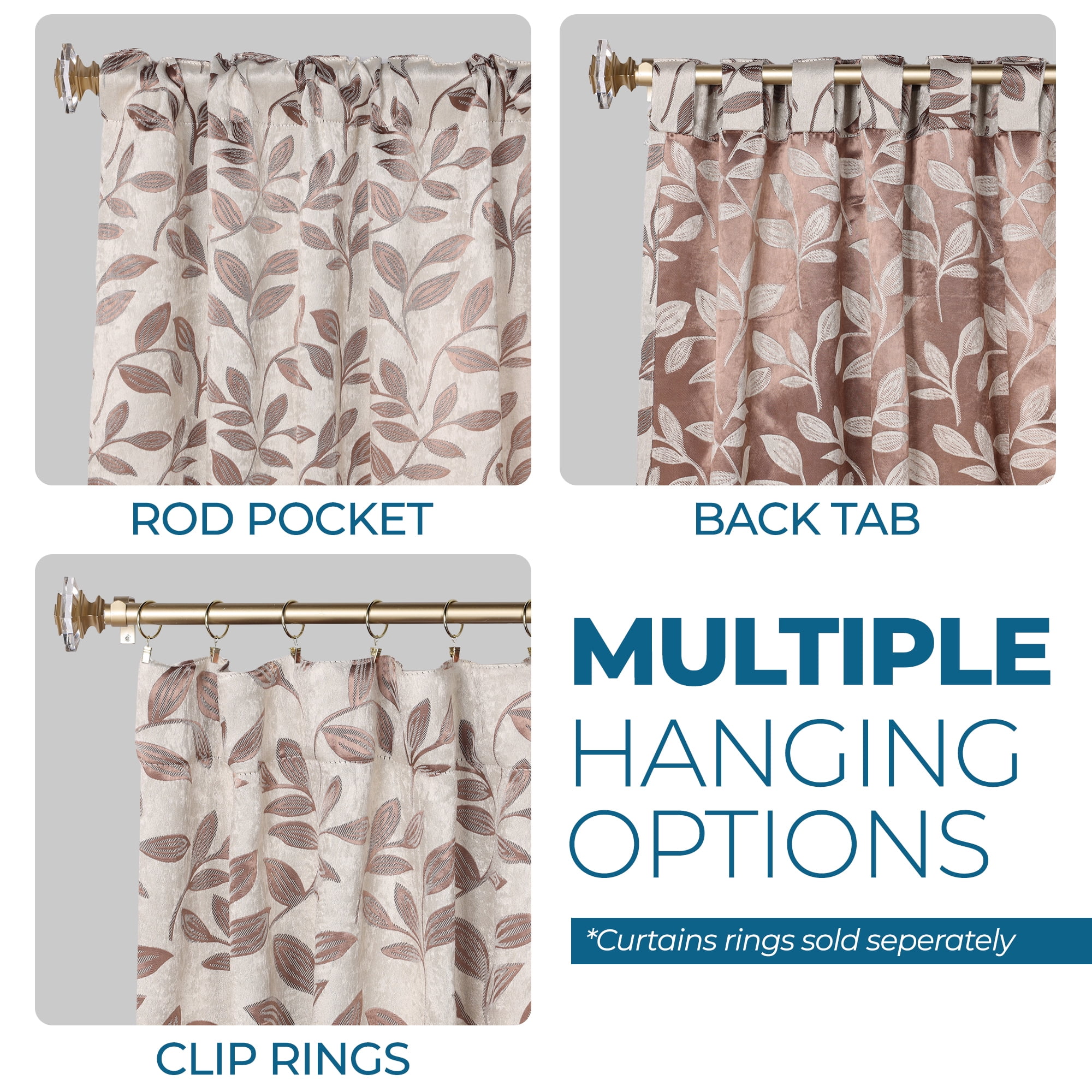 Superior Blackout Leaves Back Tab Curtains Set of 2, Light Filtering Curtain Panel Set, White-Copper, 52"W x 108"L