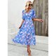 thumbnail image 2 of Vestido fluido con cuello en V floral para mujer Vestido midi de cintura alta elástico ahumado Vestido de mujer con manga linterna, 2 of 5