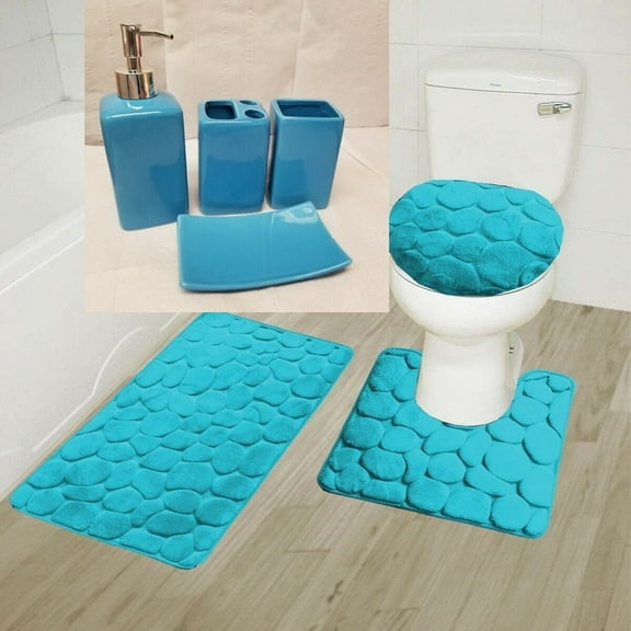 Complete Bathroom Set 7PC Rock Turquoise Super Soft Memory Foam 1 Bath Mat, 1 Contour Non Slip , 1 Lid Cover with Matching   Ceramic Accesories Set For Bathroom
