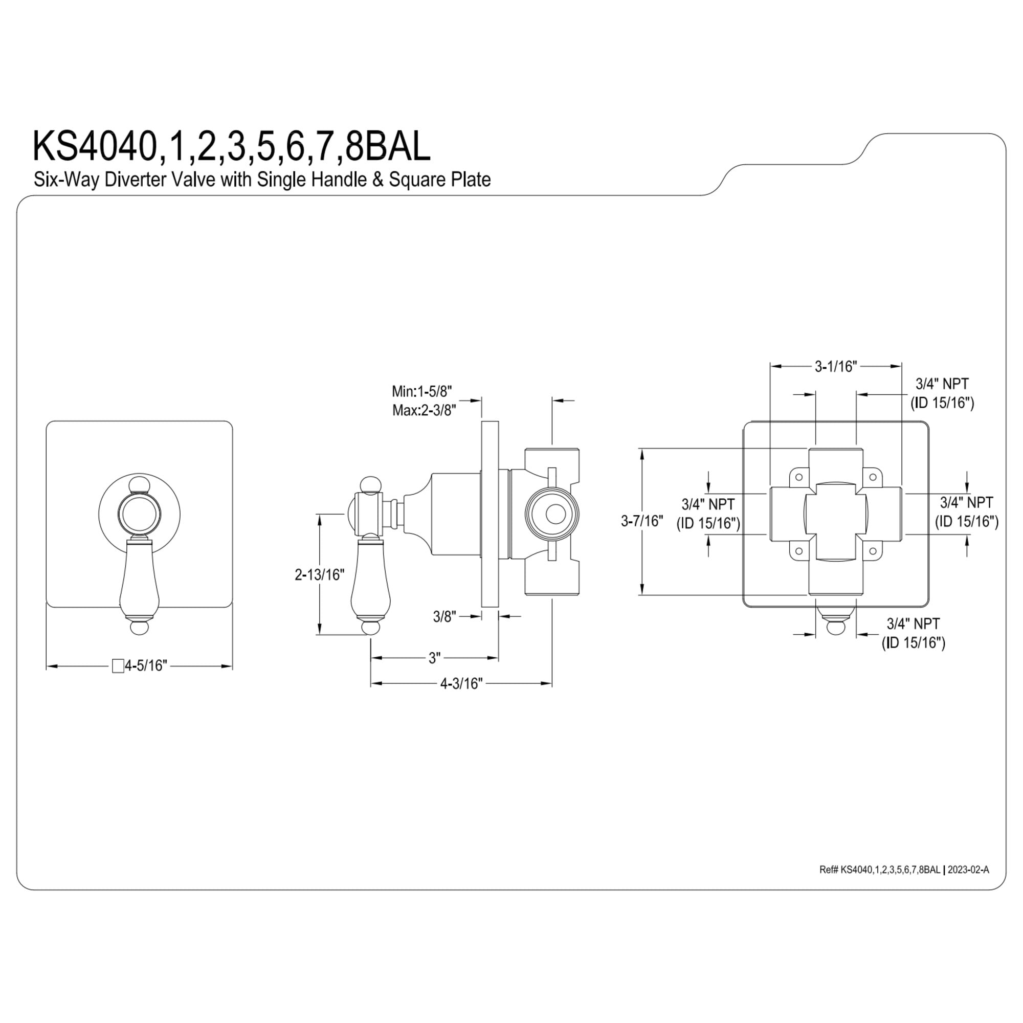 Kingston Brass KS4048BAL Heirloom Single-Handle Six-Way Diverter Valve with Square Trim Kit, Brushed Nickel