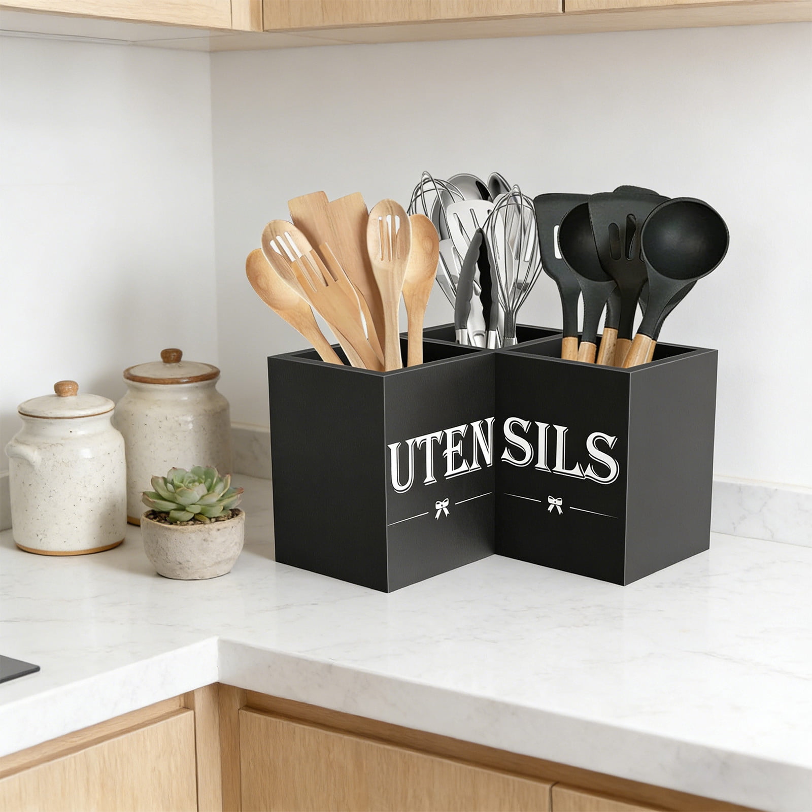 Bomd Extra Large Kitchen Utensils Holder with 3 Compartments,Corner Shelf,Wooden Utensil Organizer for Kitchen Countertop, Farmhouse Decor, Rustic Cooking Utensil - Black grain