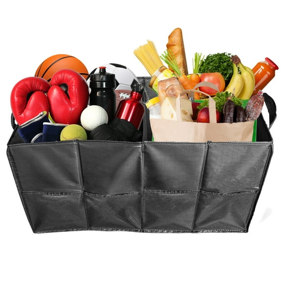 Expandable Car SUV Trunk Organizer, Collapsible Trunk Organizers and Storage with Compartments, Mesh Side Pockets, and Four Hook and loop fastener for Convenient Car Trunk Organization, Black