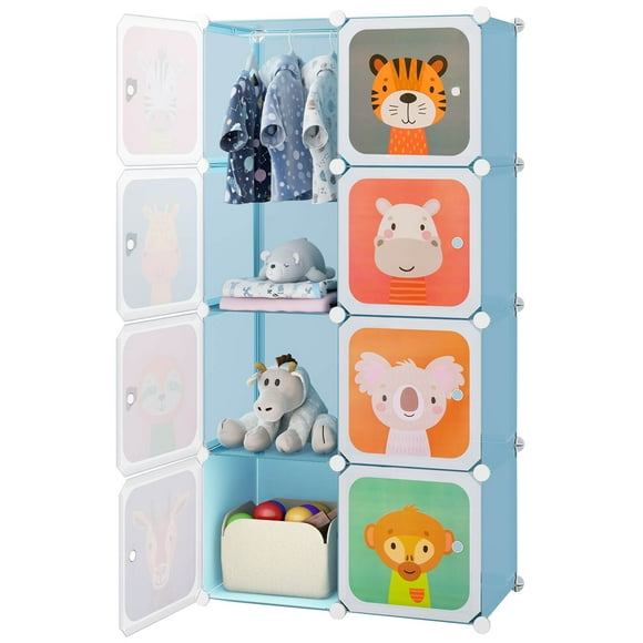 Costway Garde-Robe pour Enfants à 8 Cubes Commode pour Bébé Armoire de Chambre Penderie pour Vêtements avec Portes Bleu