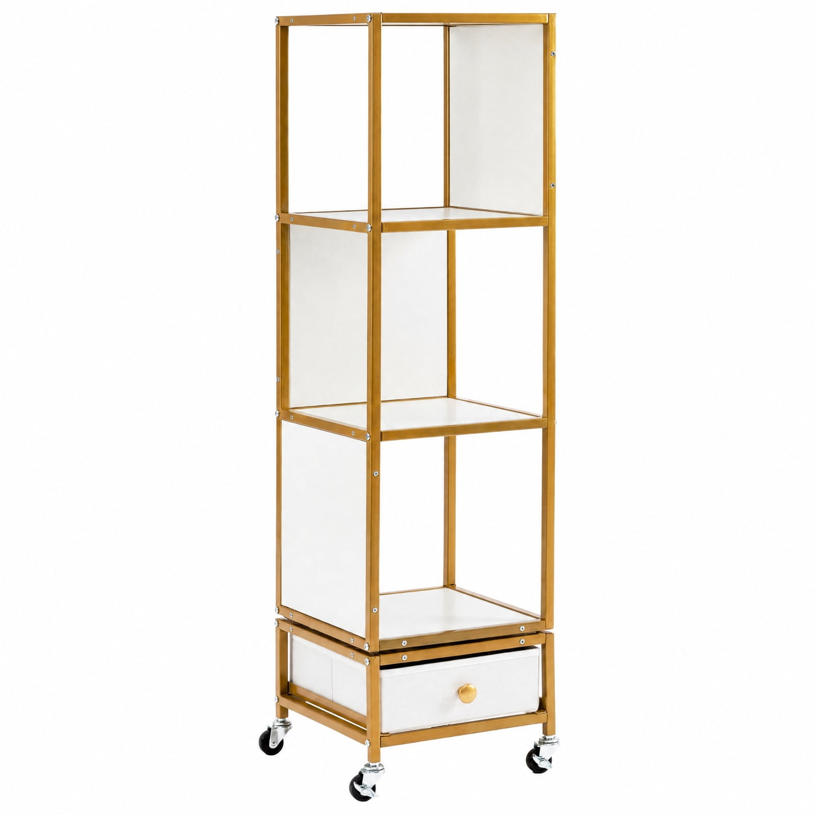 Furnibear 4-Tier Rotating Bookshelf on Wheels with Removable Drawer for Living Room Home Office Bedroom Display Storage Shelf, White